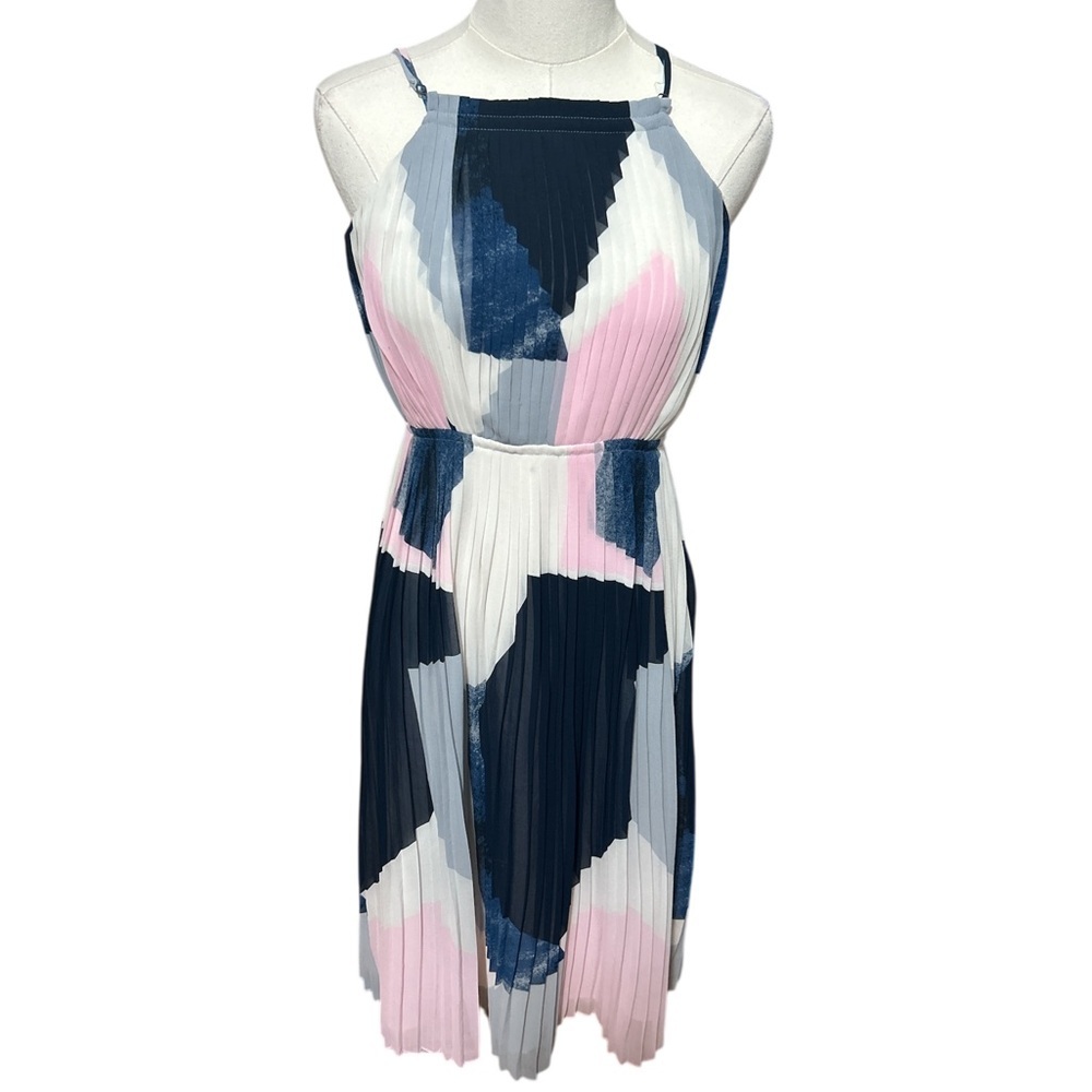 Banana Republic Petite Pleated Midi Dress Abstract Colorblock Sz 4P - Picture 2 of 7